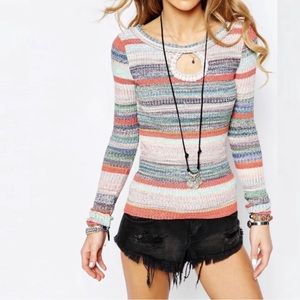 Free People Sunshine Daydream Keyhole Ribbed Fitted Stretchy Stripped Sweater M